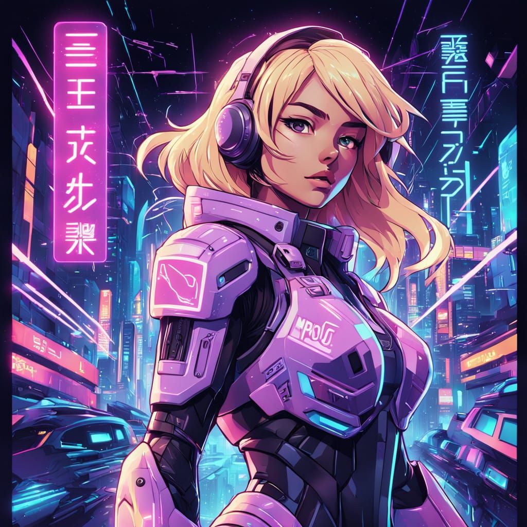 Anime Astronaut in Denver Cityscape with Neon Lights