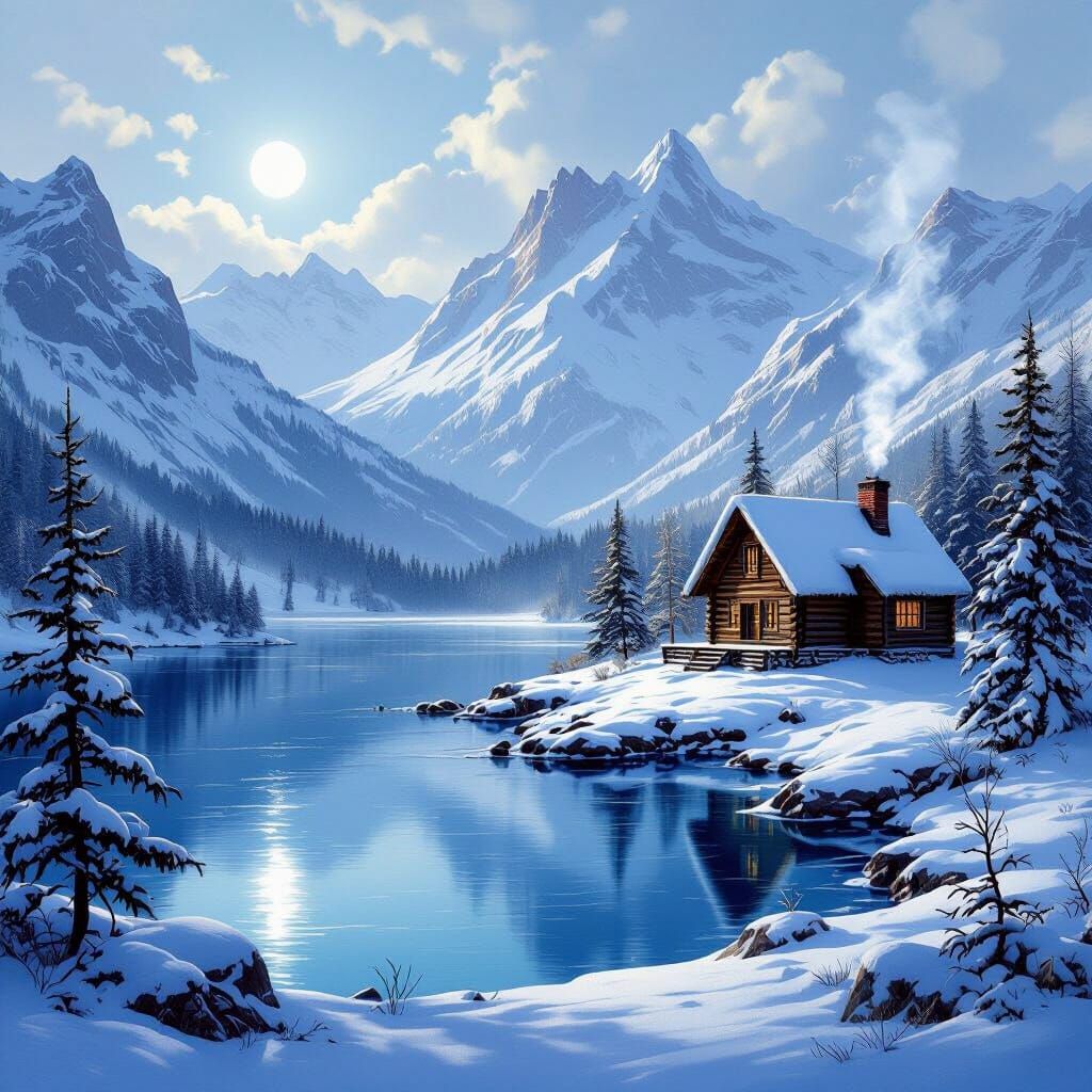 Serene Winter Mountain Lake Cabin Landscape