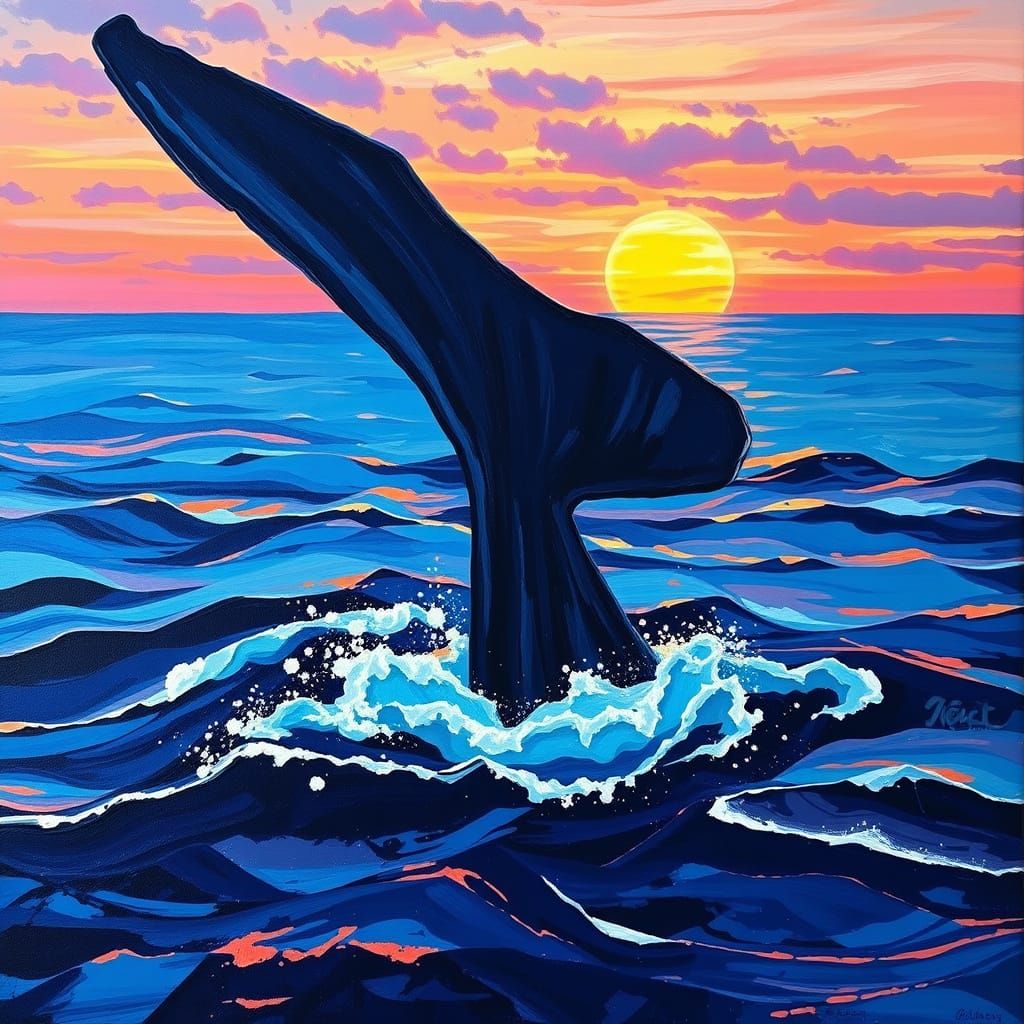 Whale Tail at Sunset: An Impasto Painting