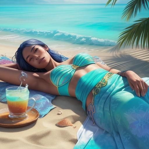 Woman on Colorful Beach: Hyperrealistic Concept Art