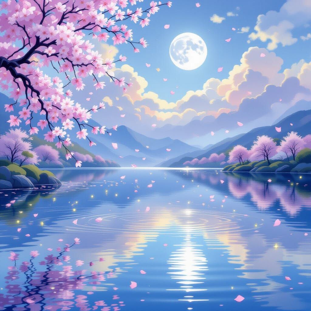 Tranquil Lake Scene with Pastel Sky and Moon