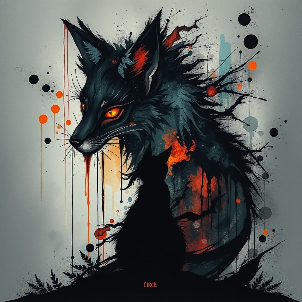 Magical Cat Faces Fiery Kitsune in Moody Ink Art