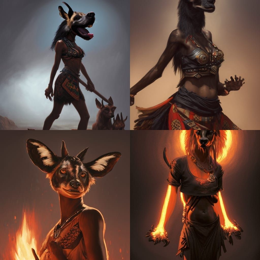 Anthropomorphic Wild Dog Woman in Aztec Fire Outfit
