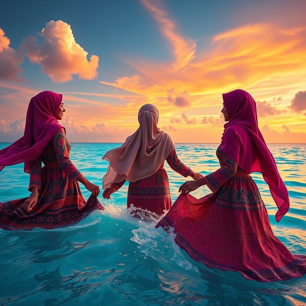 Hijabi Friends Amidst Vibrant Sunset Waterscapes in Unreal E...