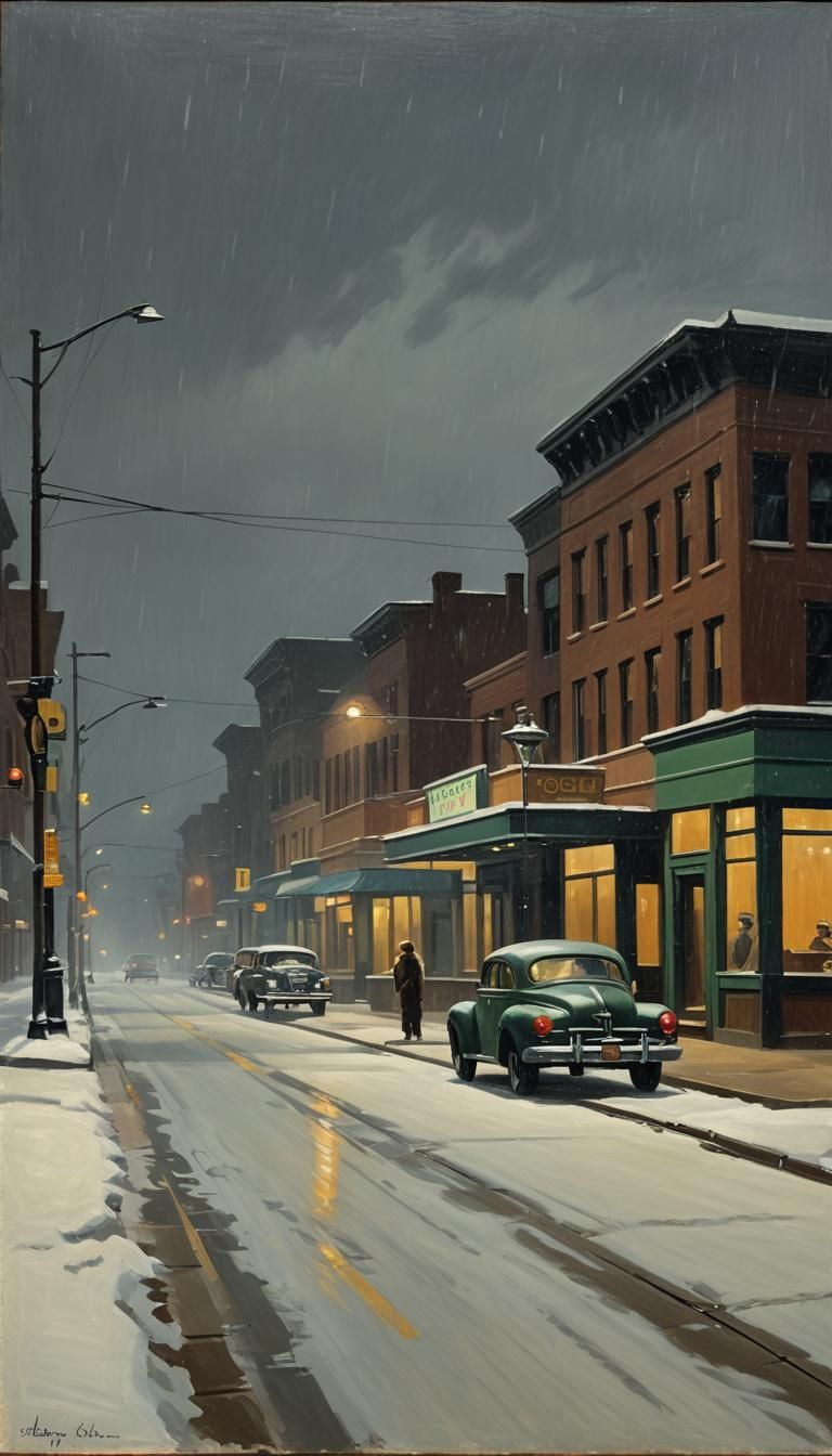 Nighthawks Inspired Oil Painting of Snowy Evening