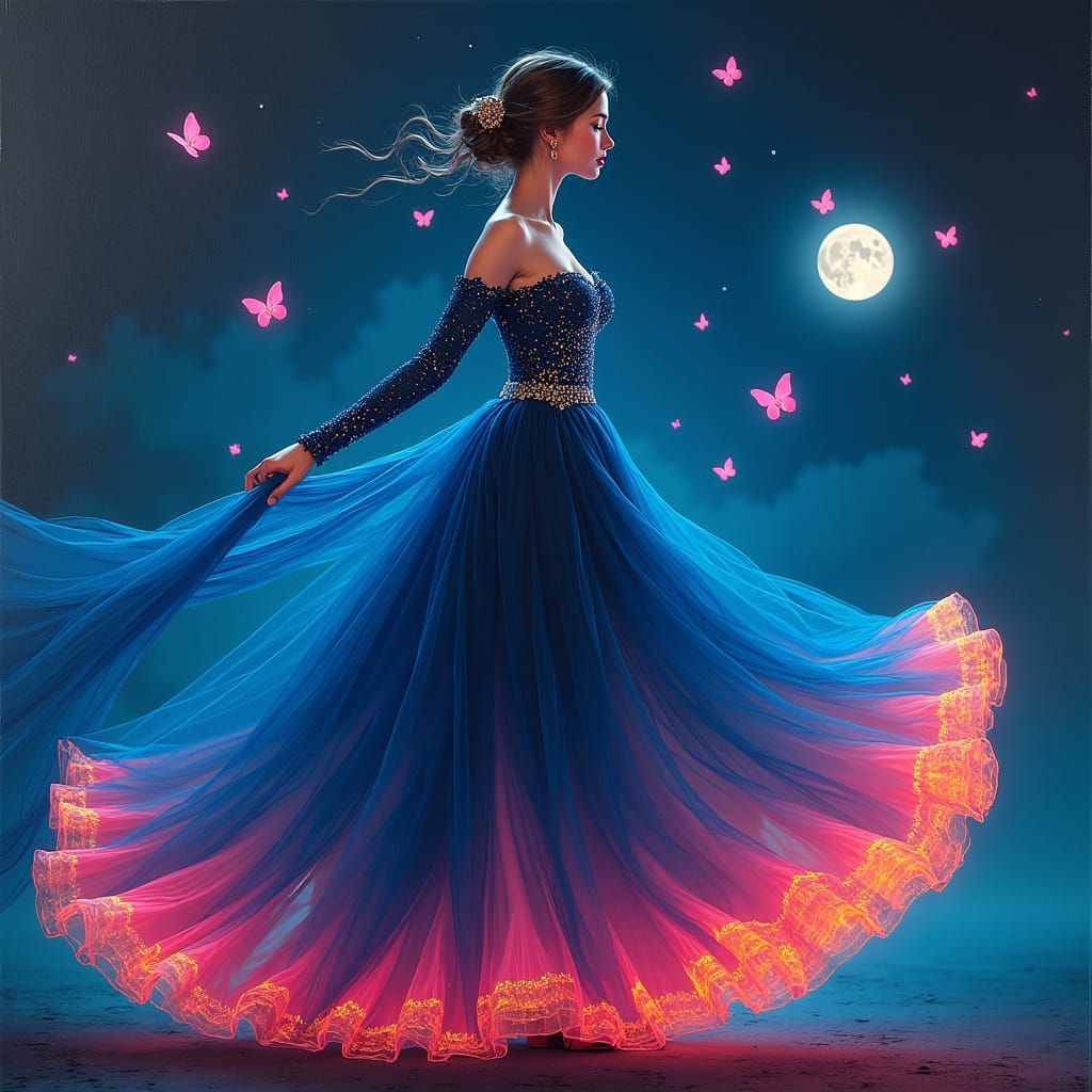 Romantic Woman in Flowing Gown, Oil Painting