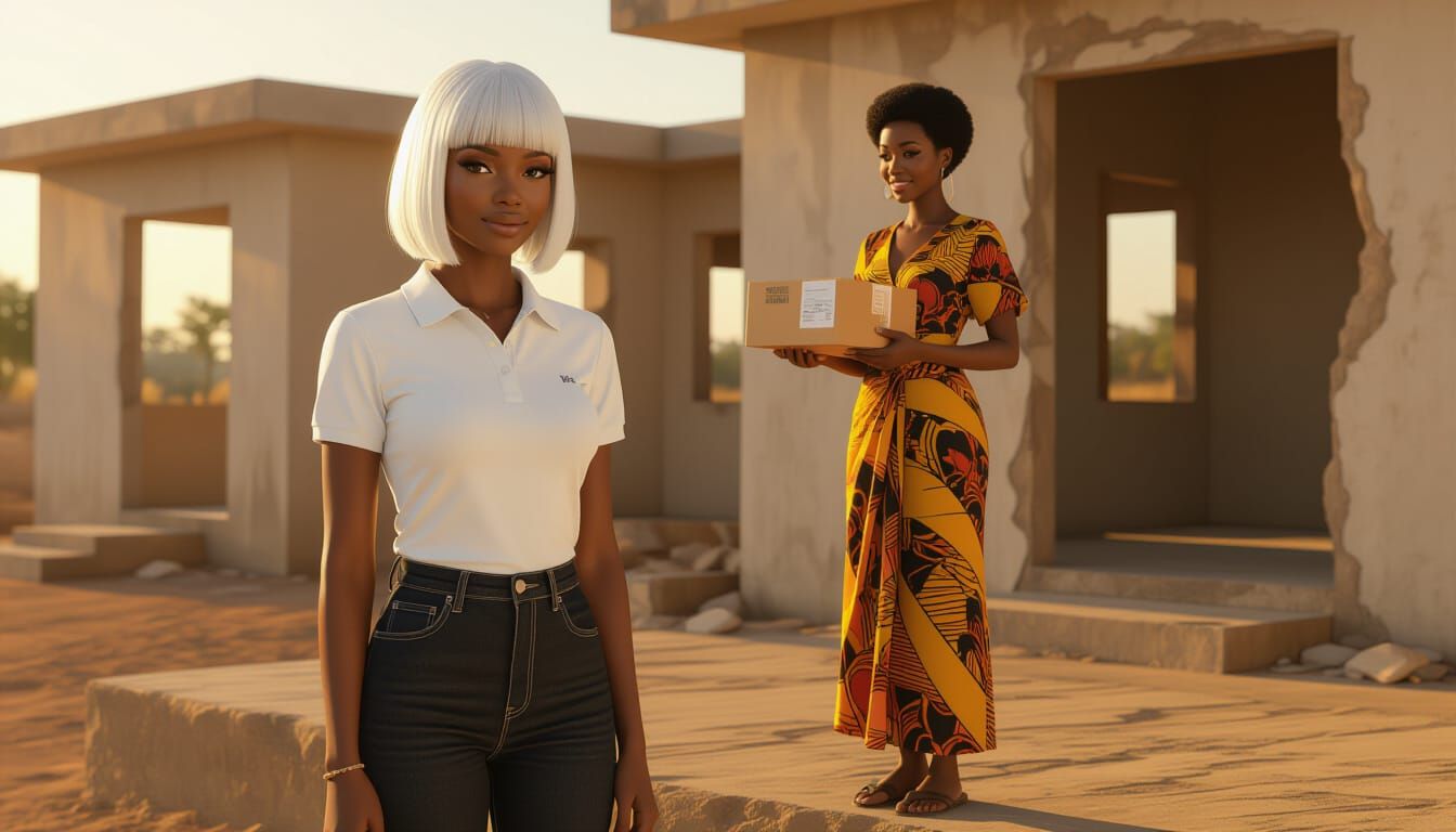 African Women in Unfinished Building, Golden Hour Light