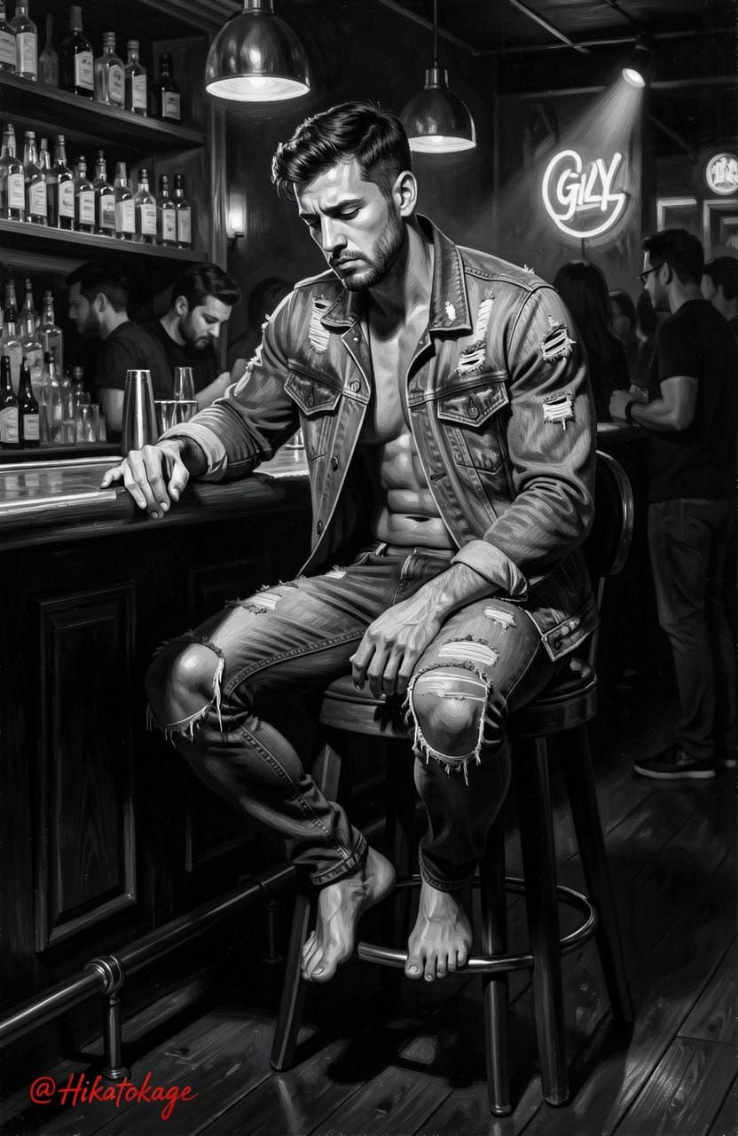 Sad Gay Man in Nightclub Bar Oil Painting