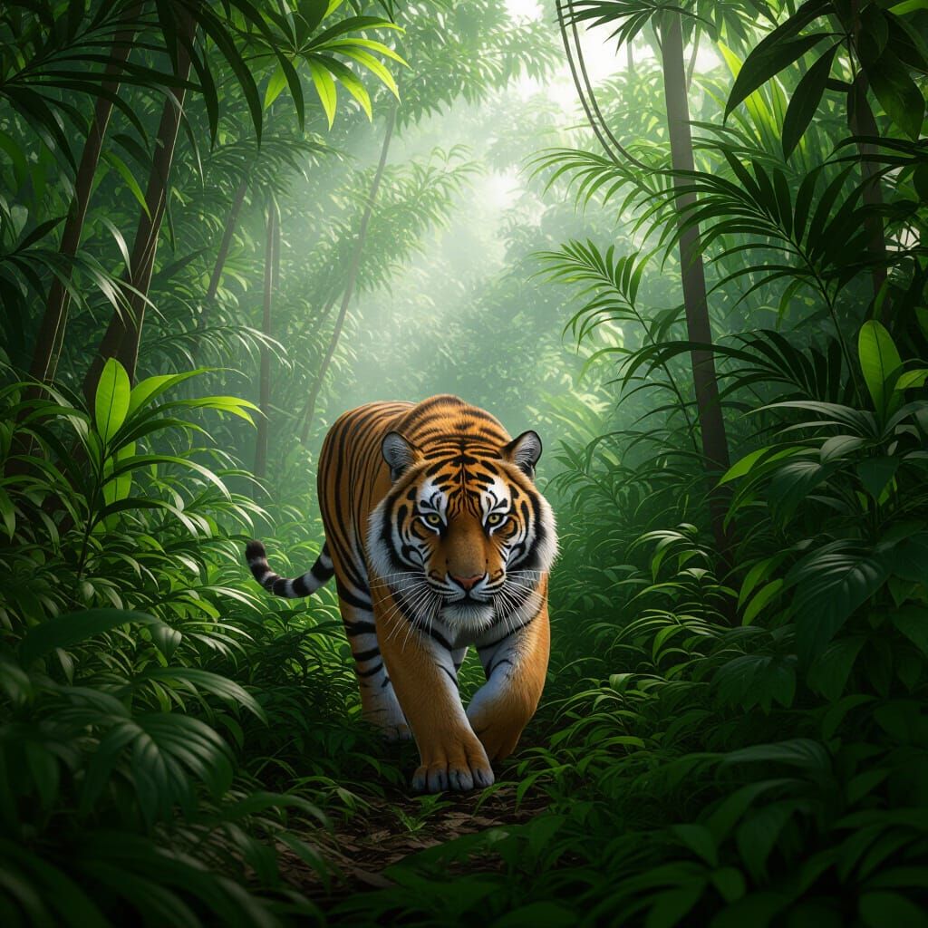 Majestic Tiger Prowling Through Dense Jungle