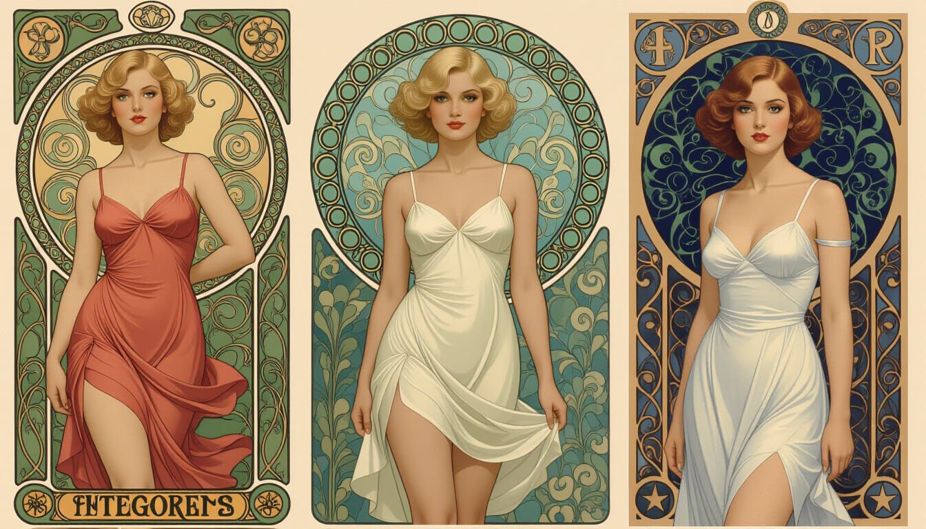 1950s Pin-Up Woman in Gauze Dress, Inspired by Art Nouveau M...