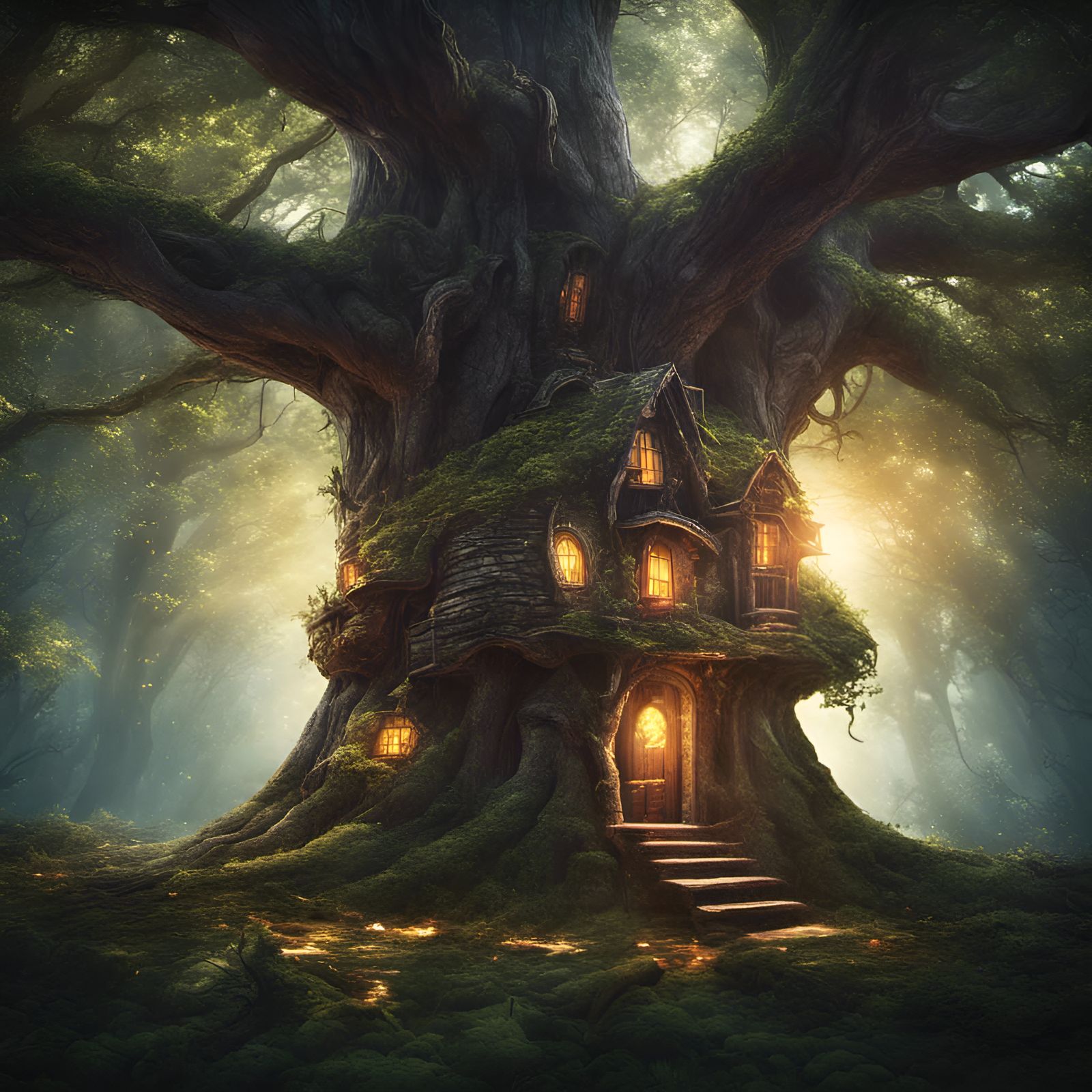 Enchanted Treehouse in Forest, Matte Painting