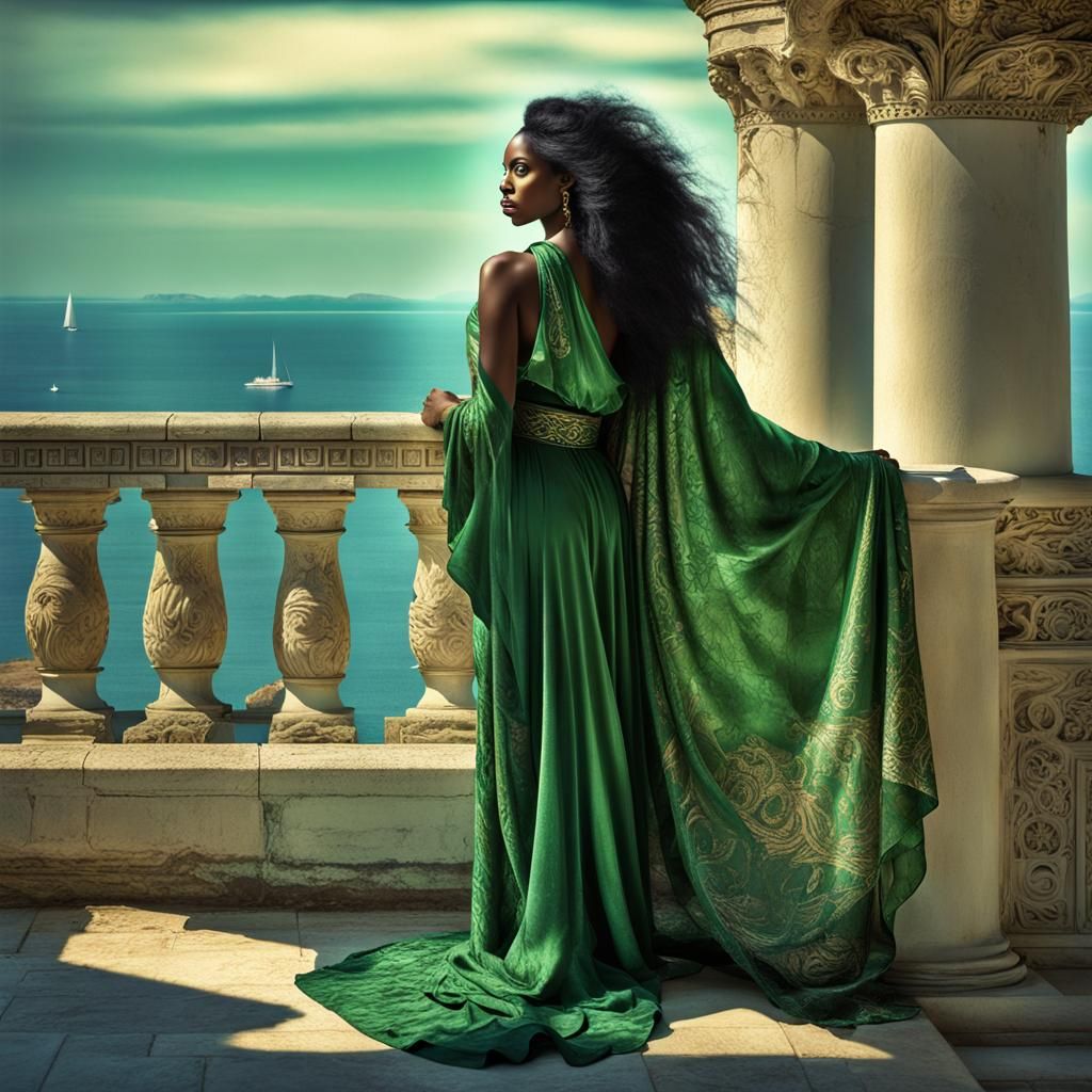 Goddess on Sunlit Balcony in Hyperrealistic Style