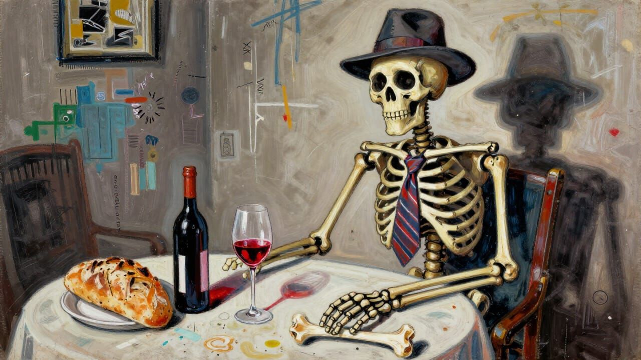 Skeleton at Table in Basquiat Style with Dramatic Lighting