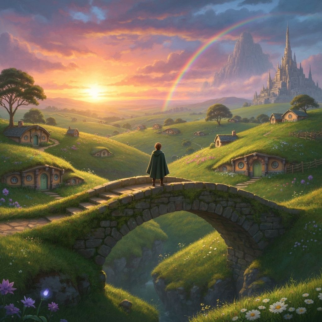 Hobbit on Stone Bridge at Sunset with Lost City