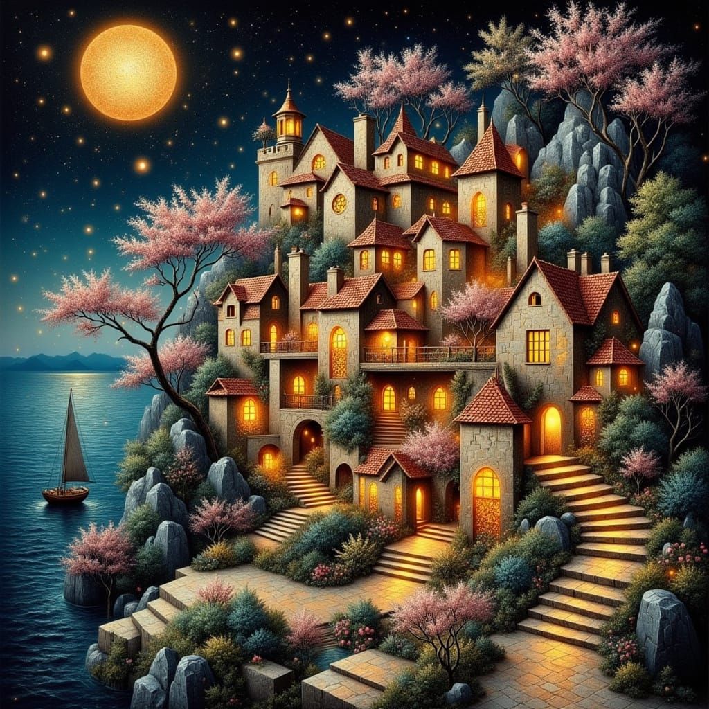 Dreamy Sunstone Village by the Sea Under Moonlight
