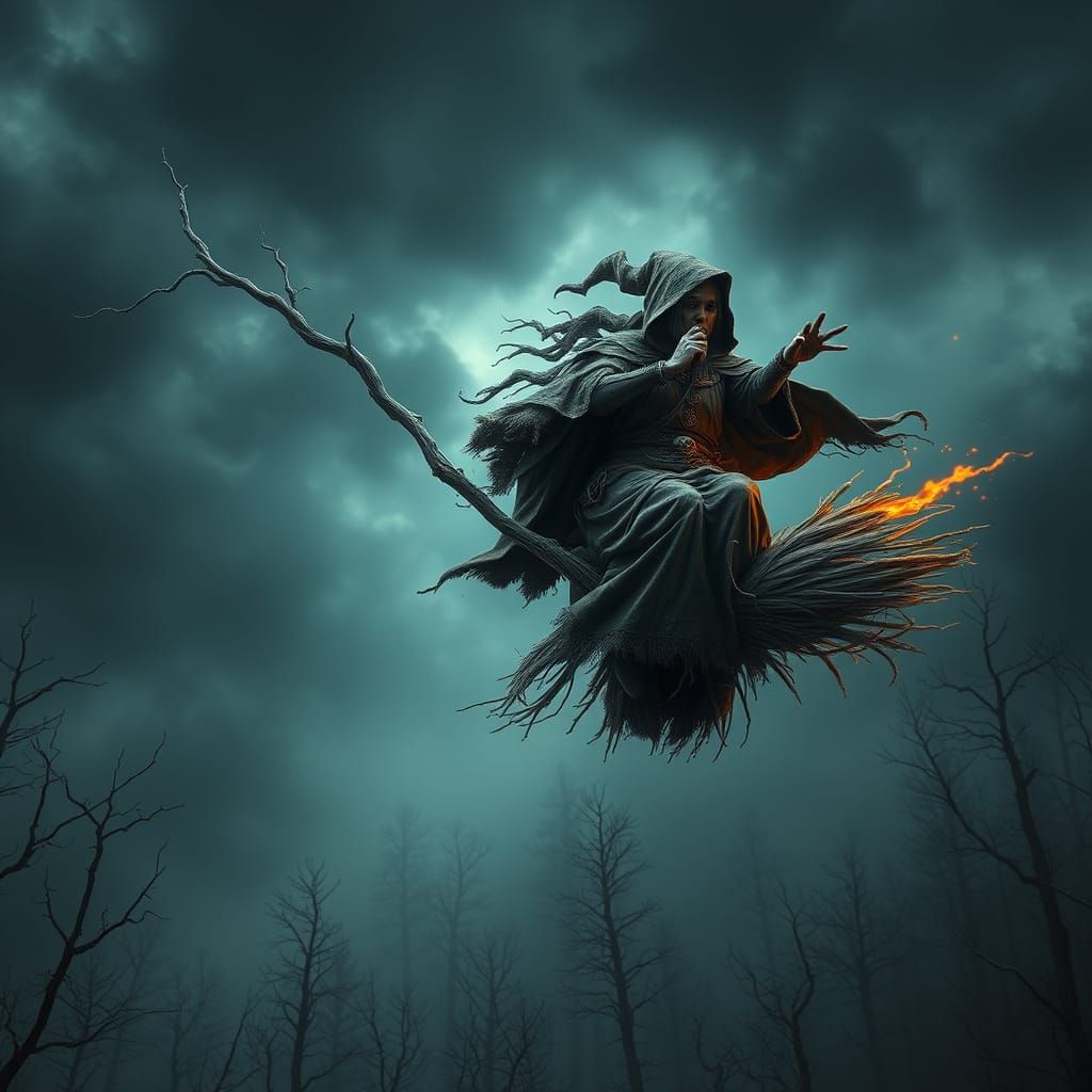 Mystical Crone Soars on Twisted Broomstick