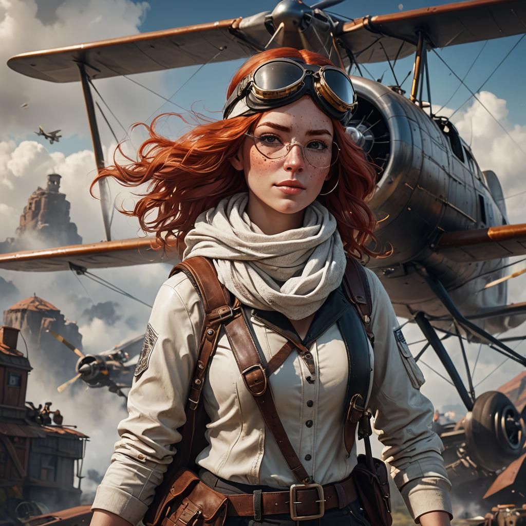 Red-Haired Adventurer in Aviator Gear, Matte Painting