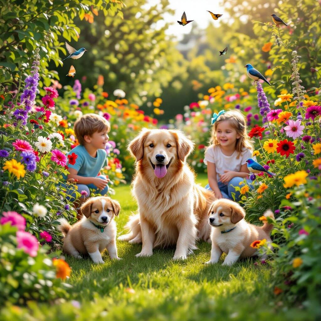 Vibrant Garden Scene with Dogs, Kids, and Birds