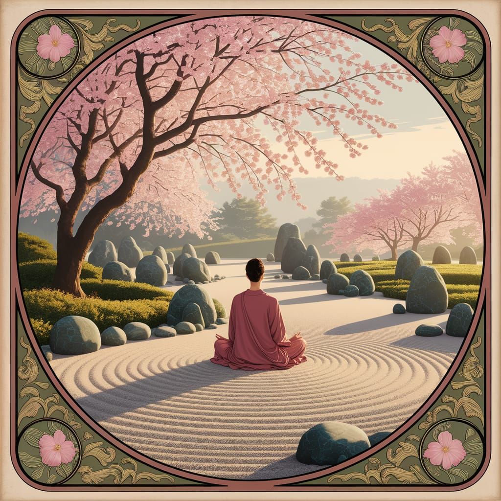 Zen Garden at Dawn in Art Nouveau Style