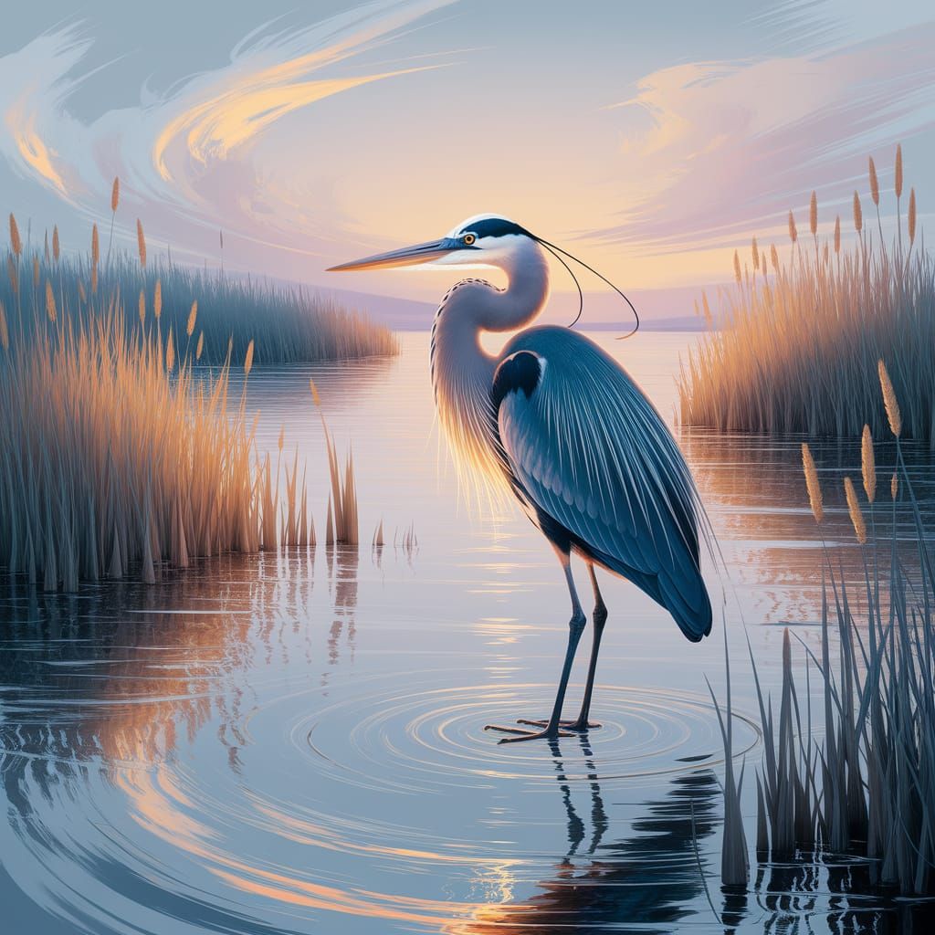 Ethereal Great Blue Heron in Impressionistic Marshland Scene