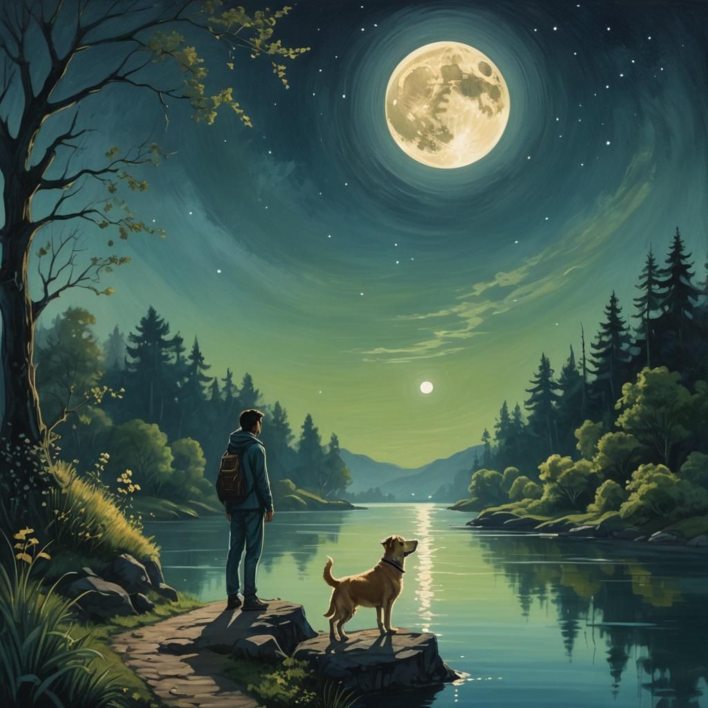 Dog and Human Gazing at Moon in Magical Realism