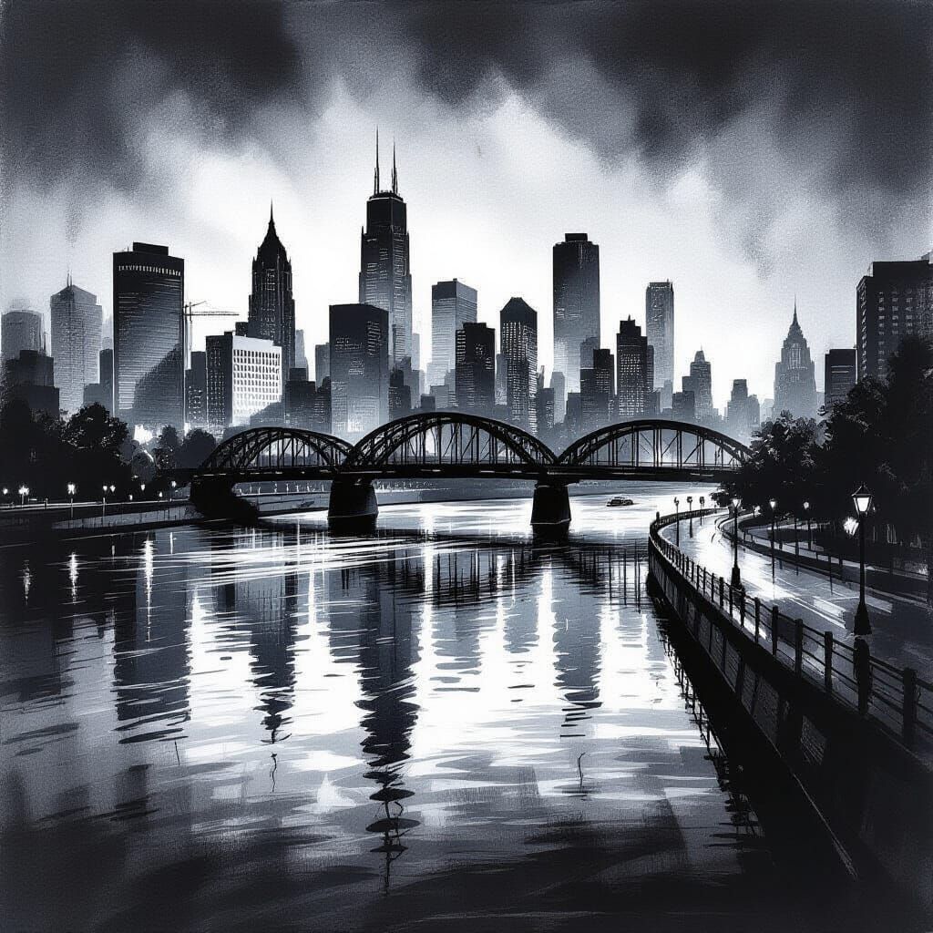 Charcoal Cityscape: River Runs Through Bustling Urban Scene