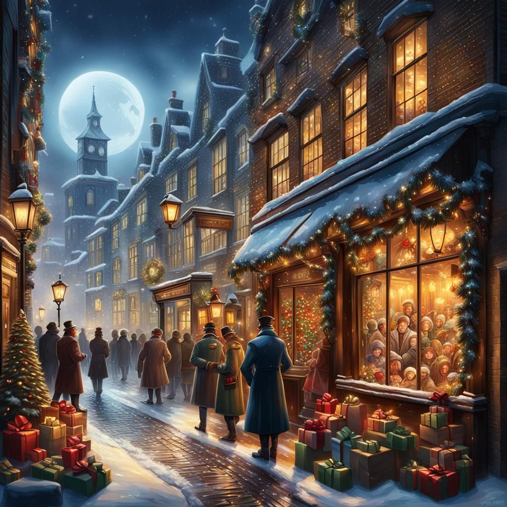 Hyperrealistic Dickensian Christmas Scene in Splash Art Styl...