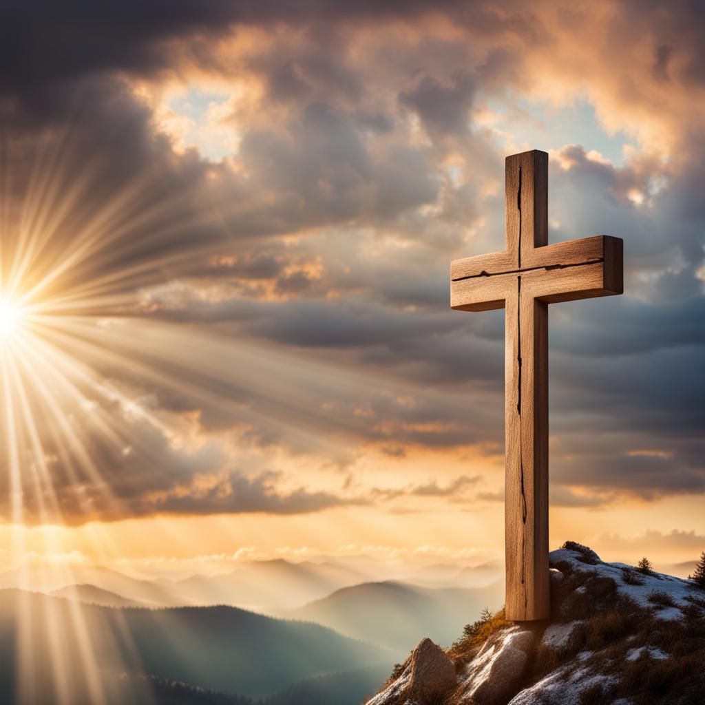 Sunrise Scene: Wooden Cross with Heavenly Light