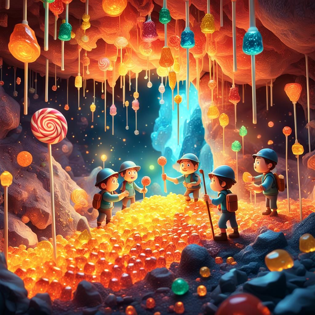 Candy Miners in Sugary Cave: A Digital Art Dream