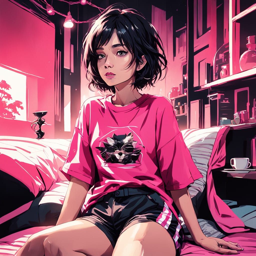 Cute Girl in Anime-Inspired Bedside Moment