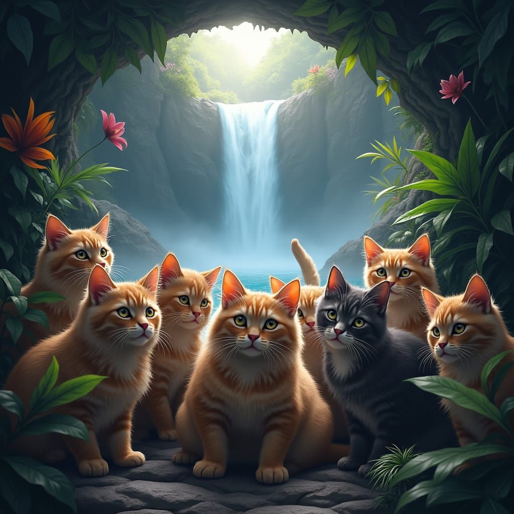 Majestic Cats Gather at Hidden Cave Entrance