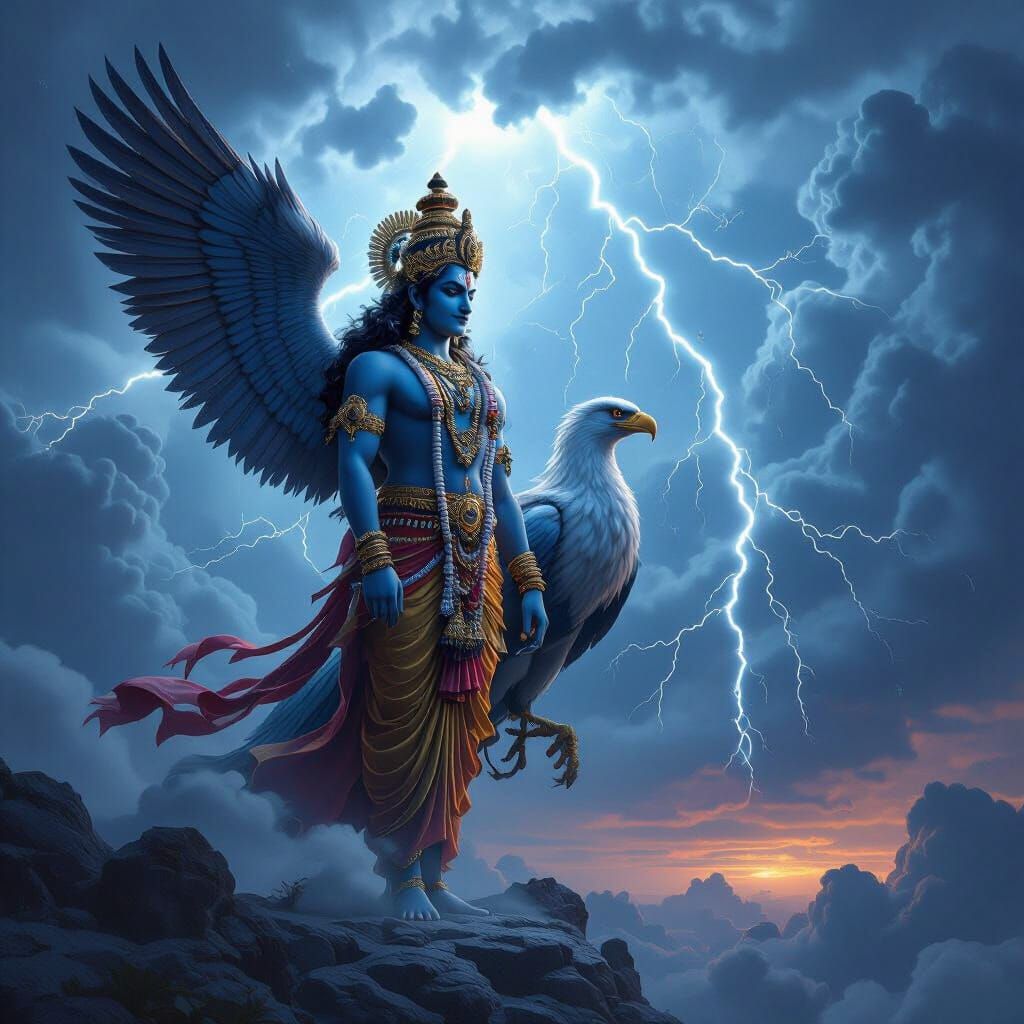 Lord Vishnu and Garuda Amidst Epic Thunderstorm