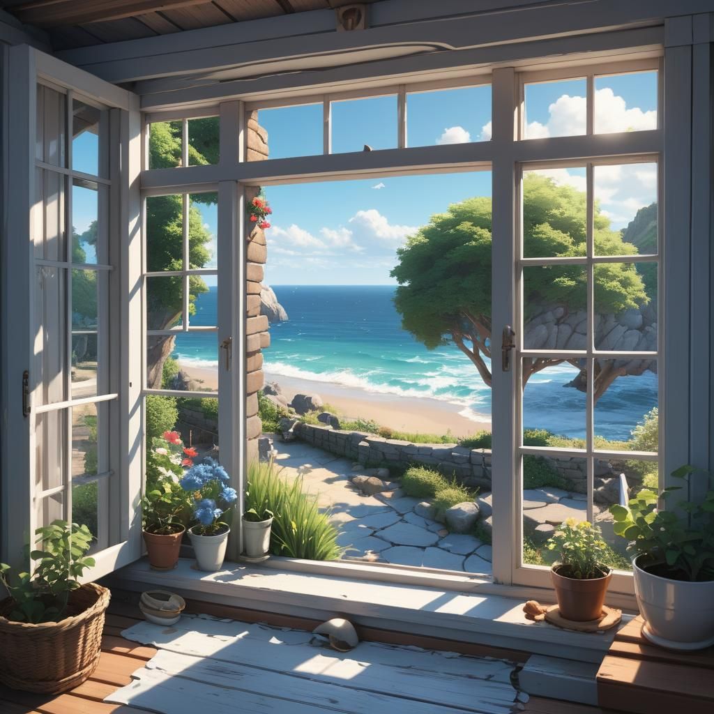 Seaside Cottage Window View in 3D Anime Style
