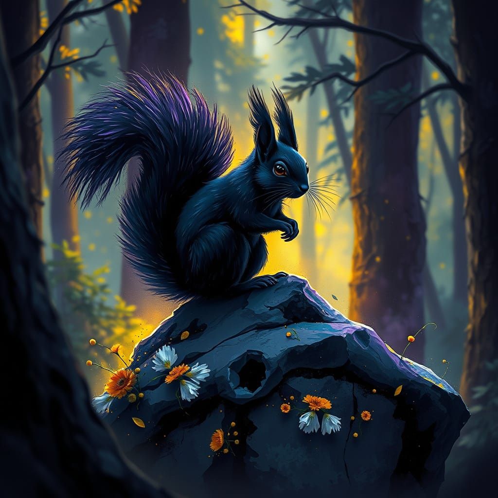 Black Squirrel in Forest, Alcohol Ink Style