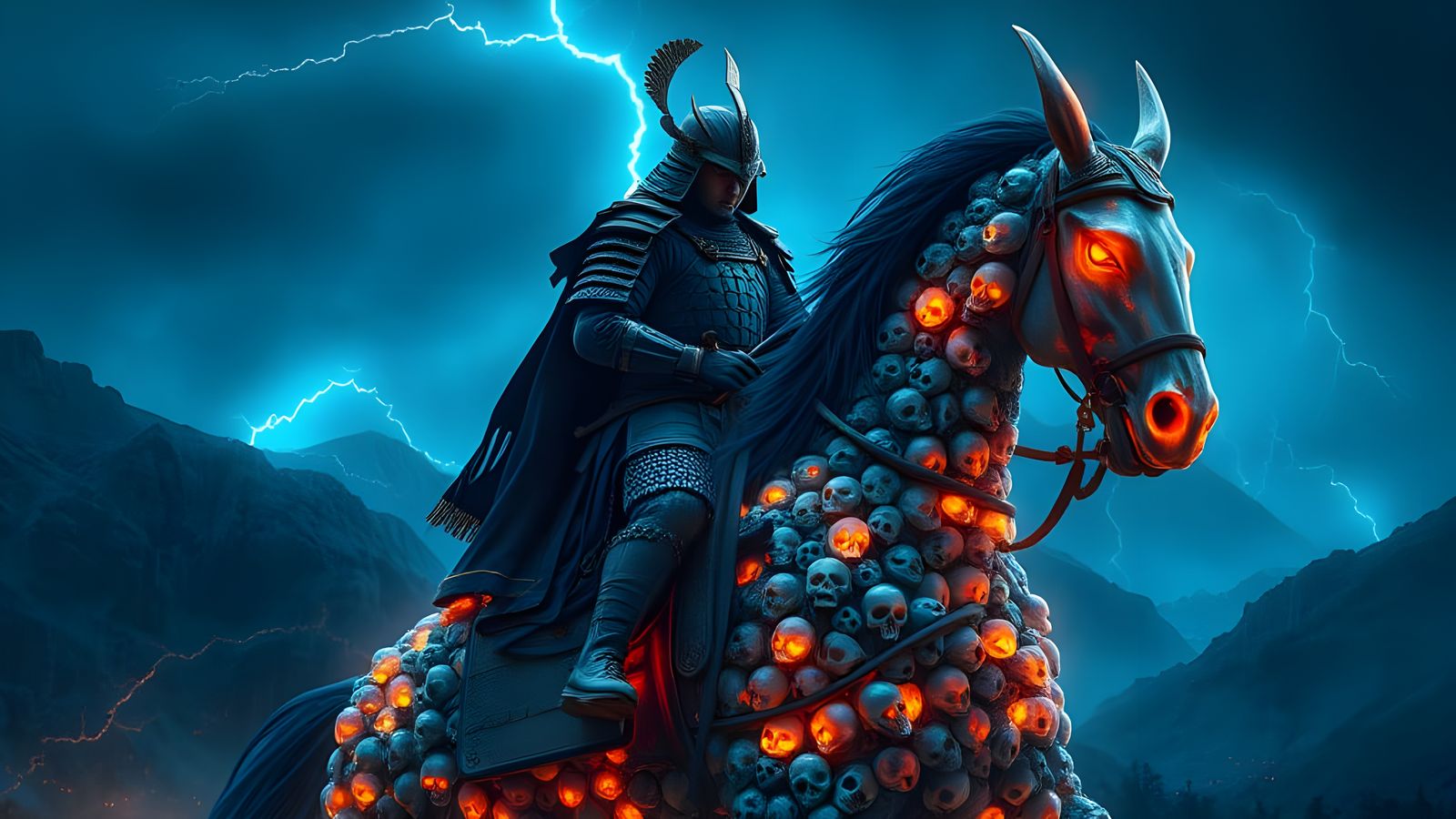 Ethereal Samurai Rides Glass Skull Horse in Stormy Night Lan...