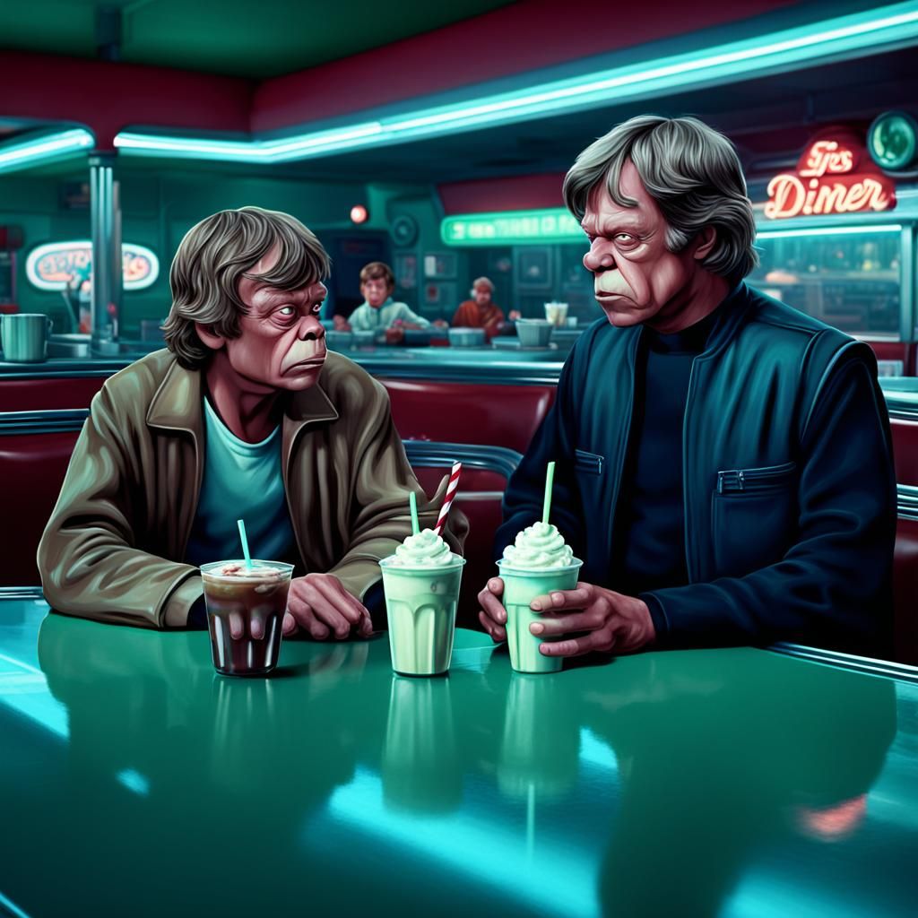Yoda and Luke Skywalker at a 50s diner drinking milkshakes