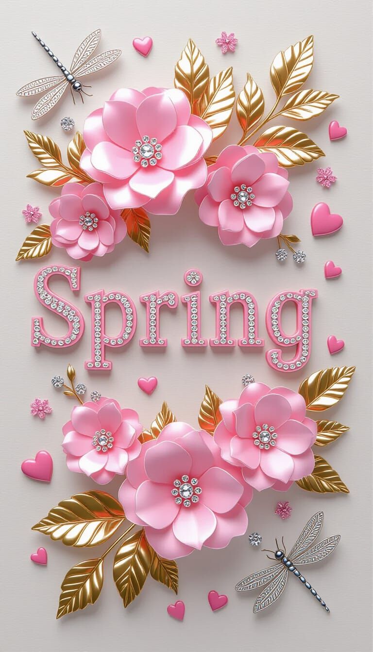 Elegant 3D Floral "Spring" Word Art with Rhinestones