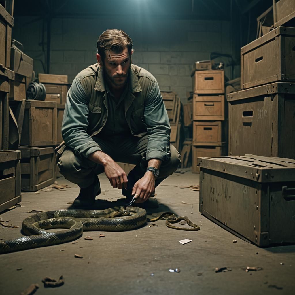 Cinematic Soldier in Abandoned Warehouse Film Still