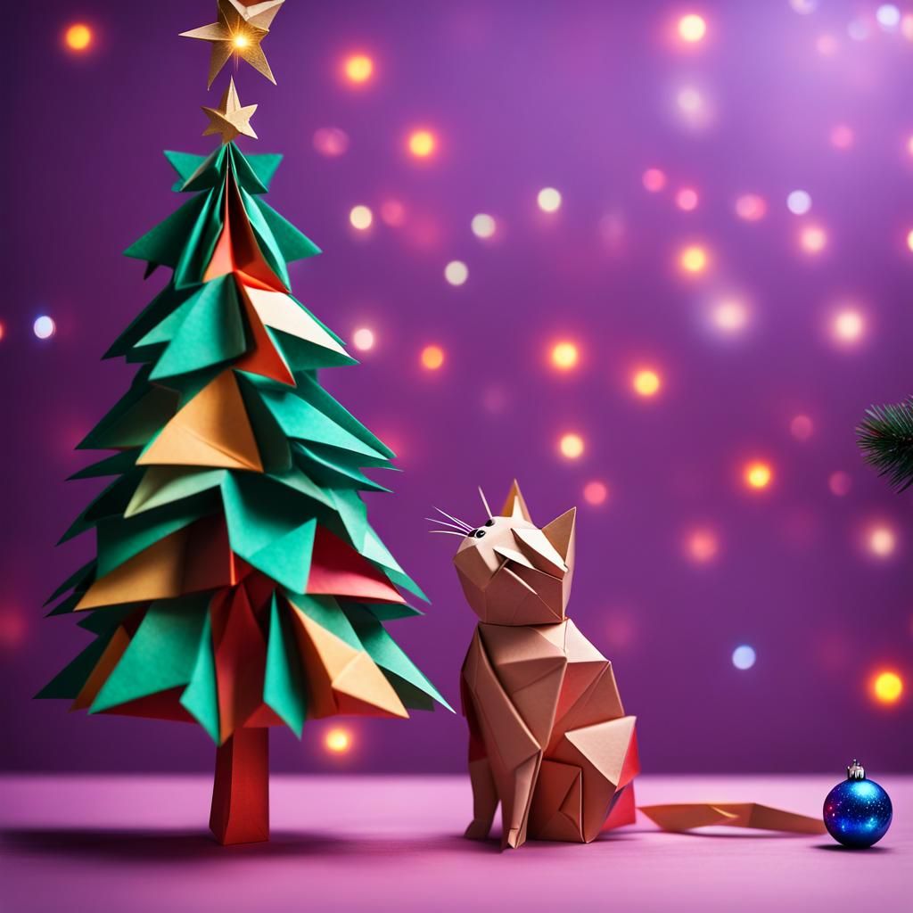 Cat Plots Christmas Tree Conquest: An Origami Papercraft
