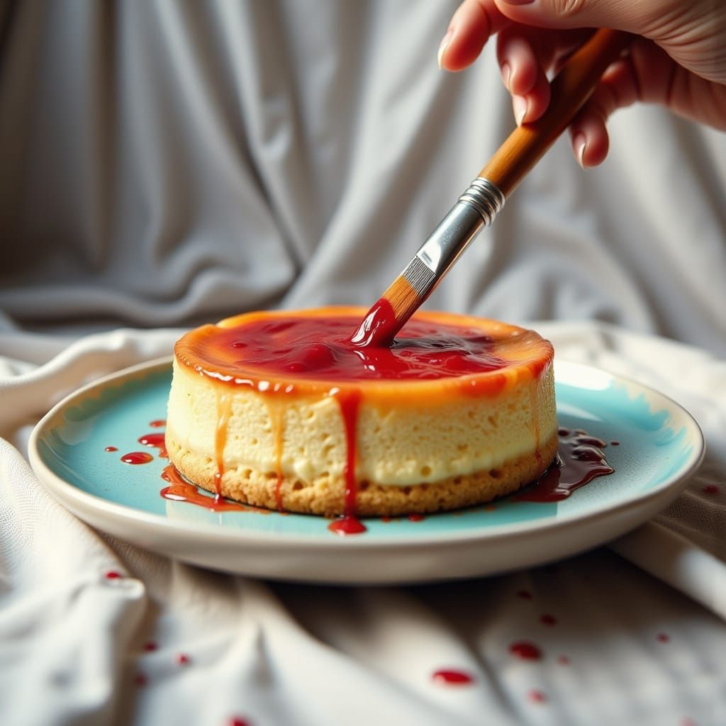 Food photography. A hand holding a paint brush enters the scene from the right ...