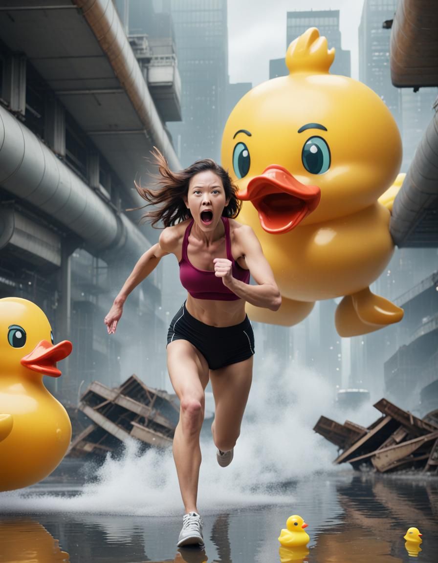 Woman Panicking from Giant Rubber Duck Attack
