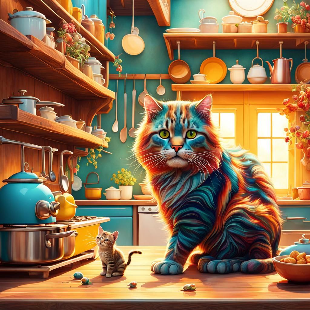 Whimsical Cats in Kitchen: Detailed Matte Painting