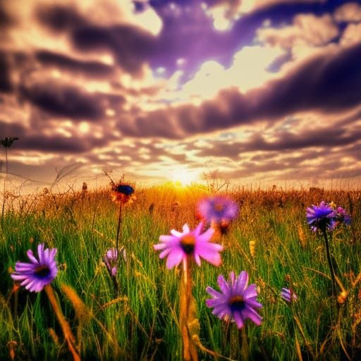 Hyperrealistic Wildflower Meadow at Dawn in HDR