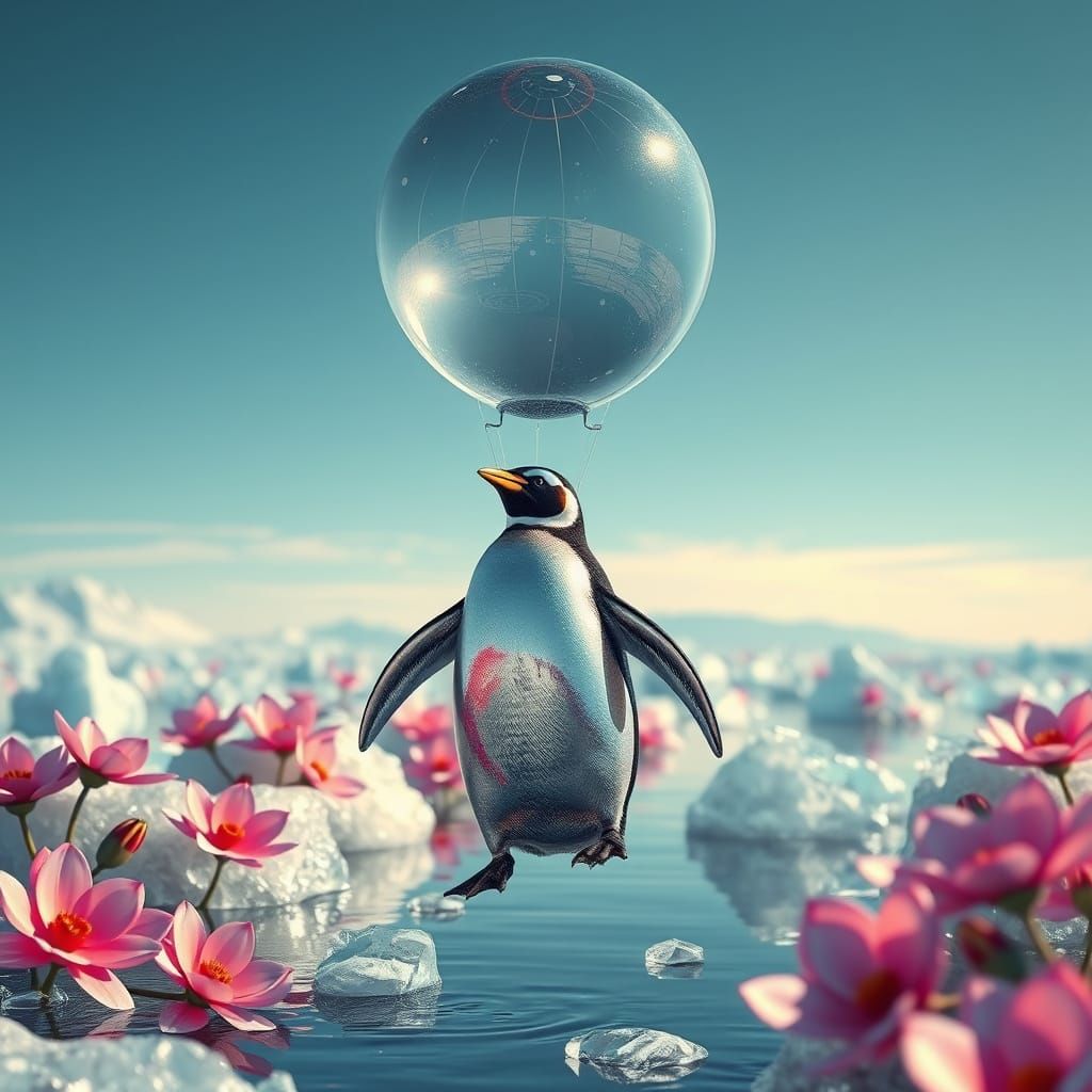Chrome Penguin Floating with Ice Balloon, Art Deco Style