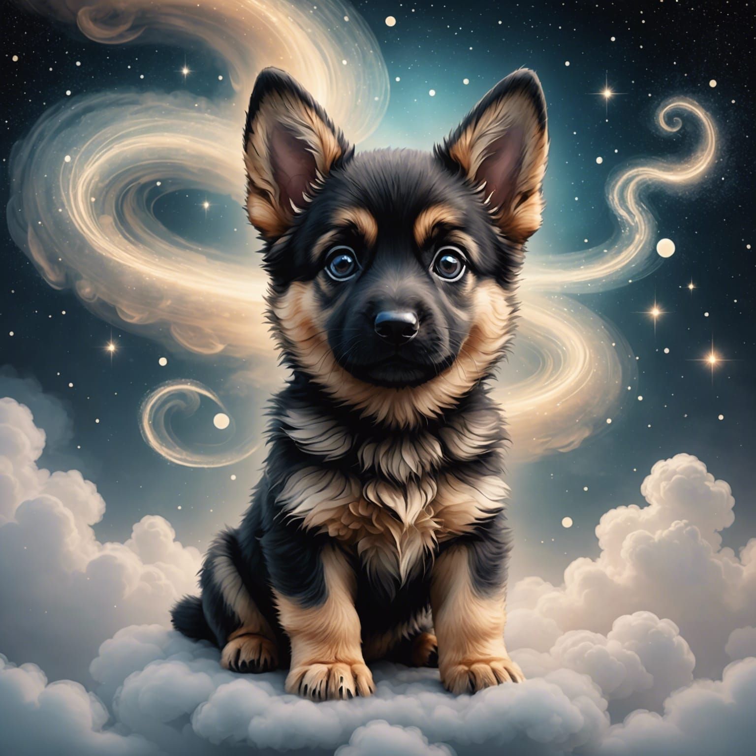 Cute Chibi German Shepherd in Galaxy Sky, Digital Watercolor