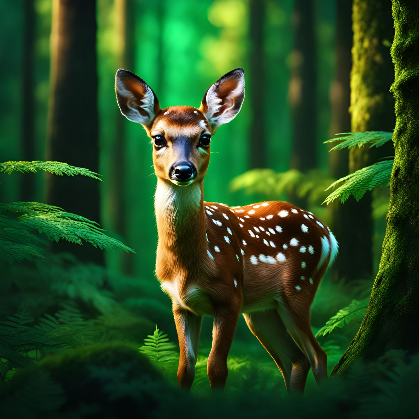 Hyperrealistic Fawn in Emerald Green Forest