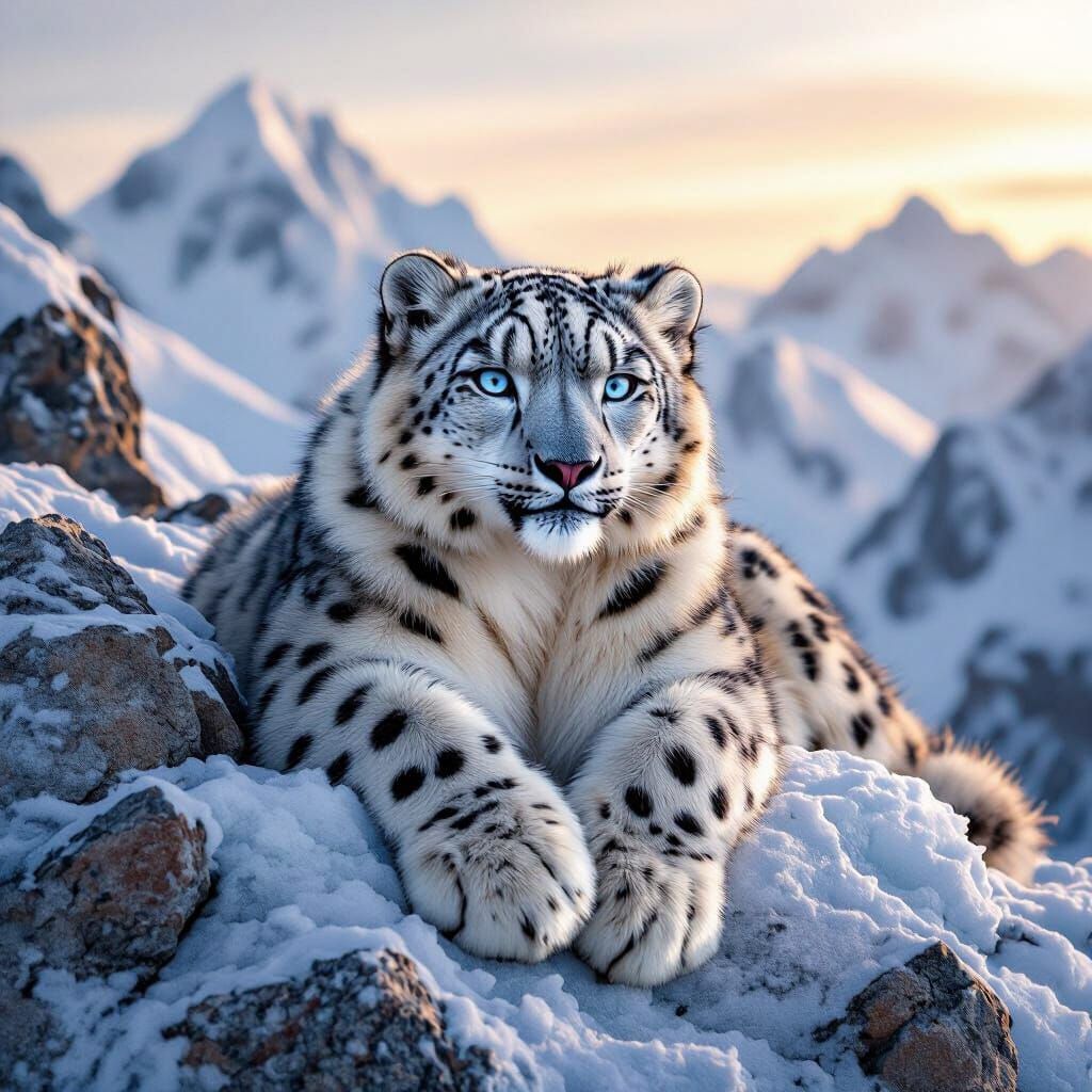 Snow Leopard on Glacial Peak in Hyperrealistic Style