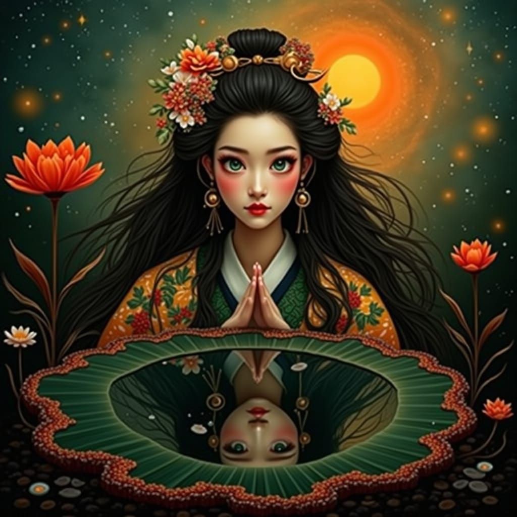 Geisha Portrait with Mirrored Reflection and Cosmic Backgrou...