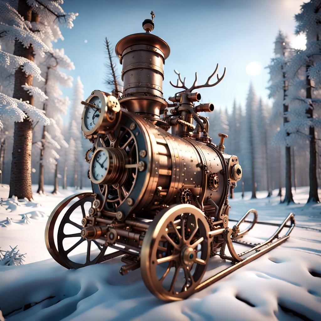 Steampunk Mill Scene with Clockwork Sleigh, 8K