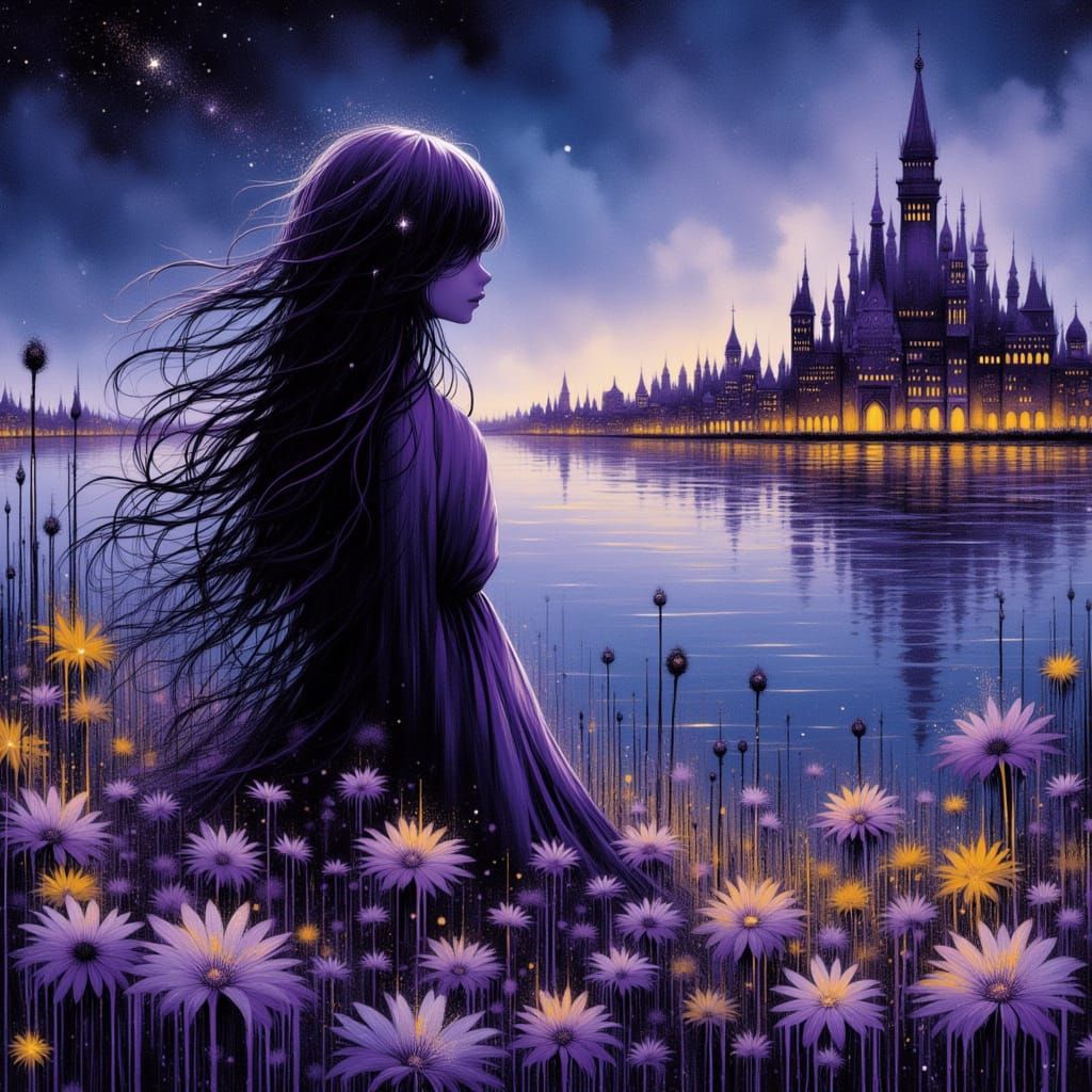 Venice River Scene with Girl in Fantasy Illustration Style